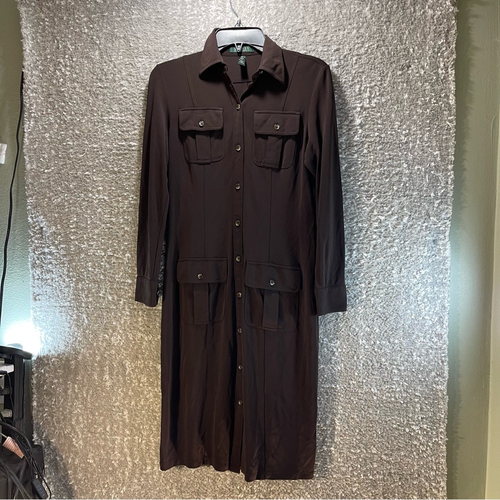 Lauren Ralph Lauren Women Collared Button Down Long Sleeve Brown Dress Rayon XS